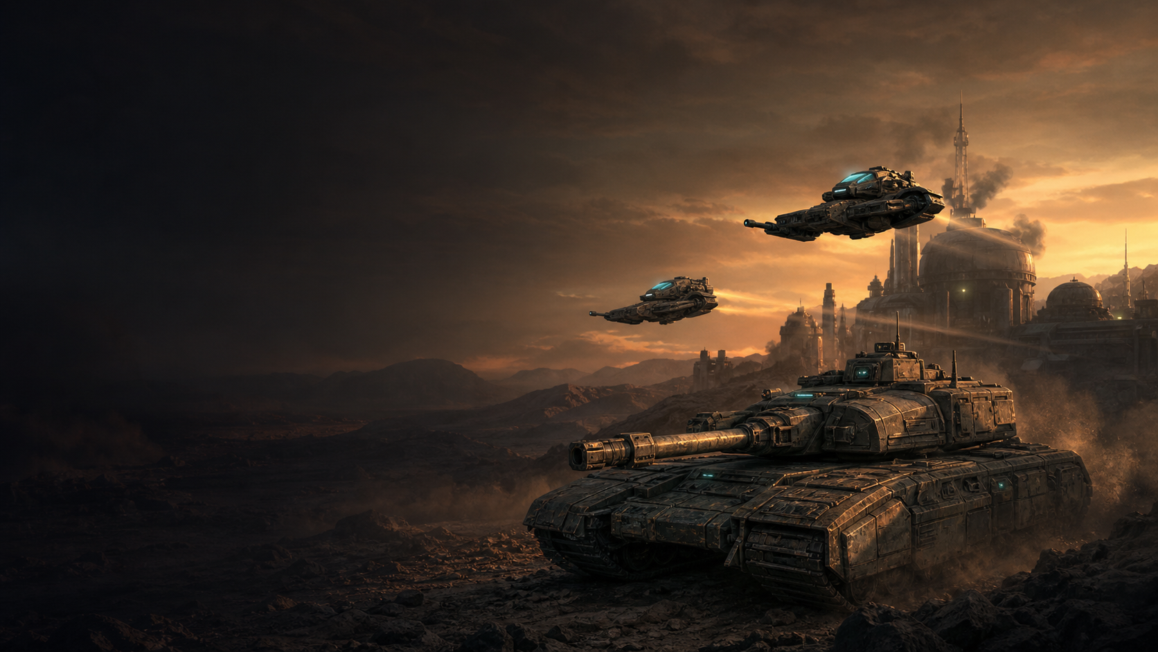 Wulfram tanks advancing across a science-fiction battlefield